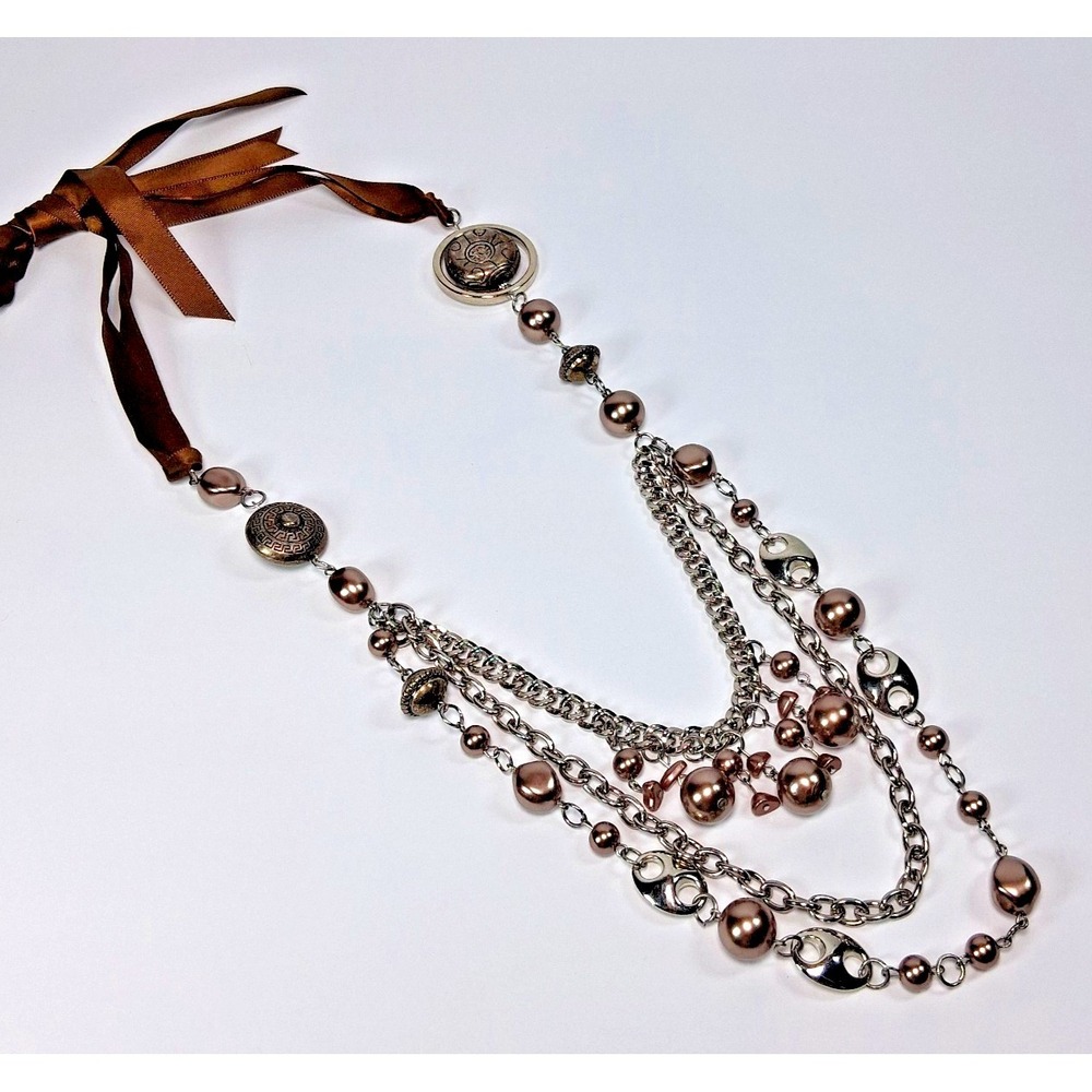 Multi-Strand Statement Necklace Brown Faux Pearl Silver Chain Ribbon Tie Boho